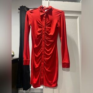 Red Ruched Button-Up Dress